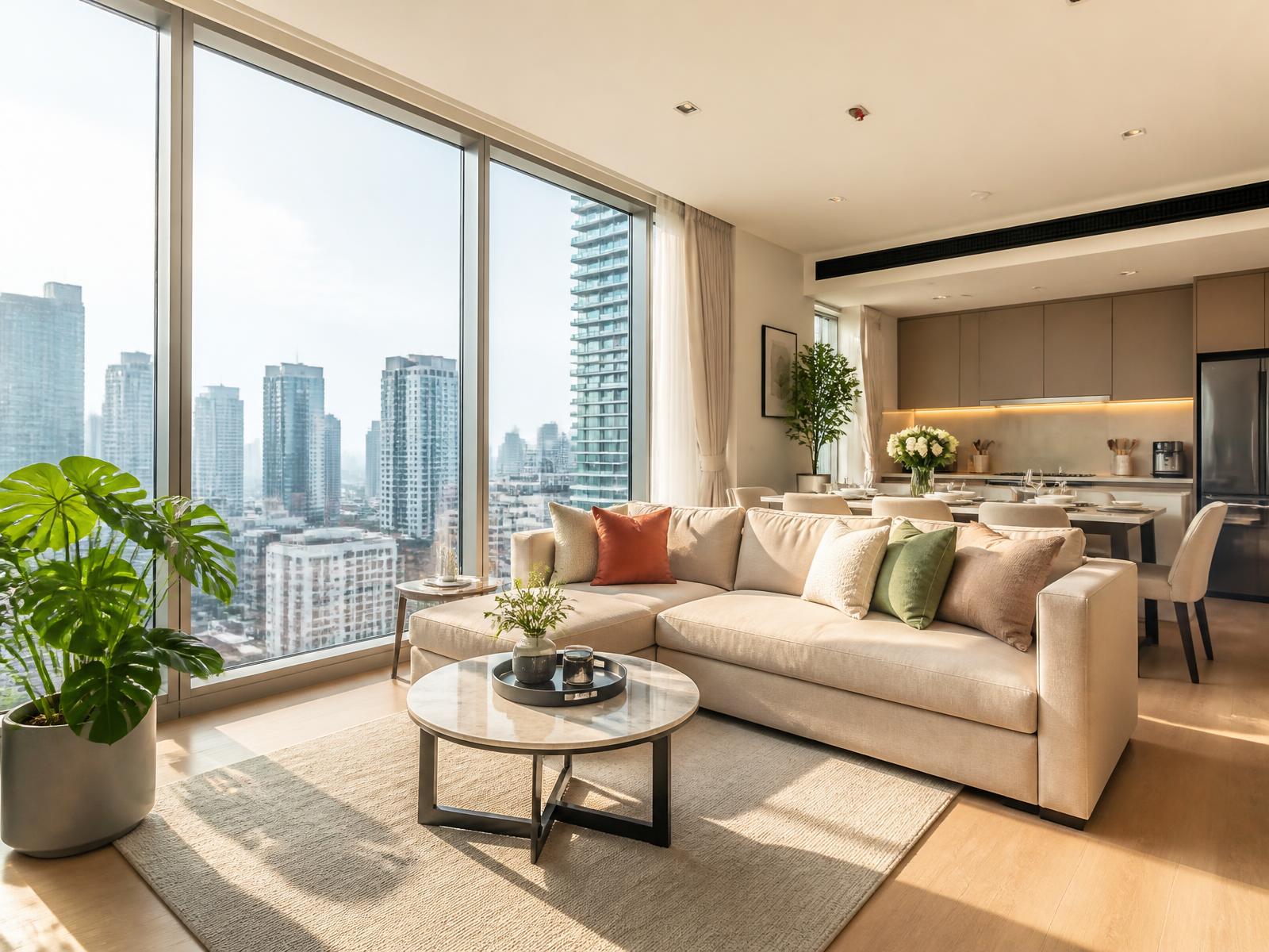 Bright, freshly cleaned modern condo living room in Sukhumvit, Bangkok